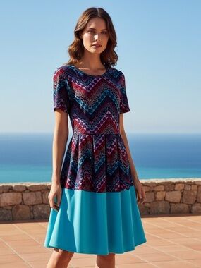 LuLaRoe Multicolor Chevron Midi Dress with Turquoise Skirt